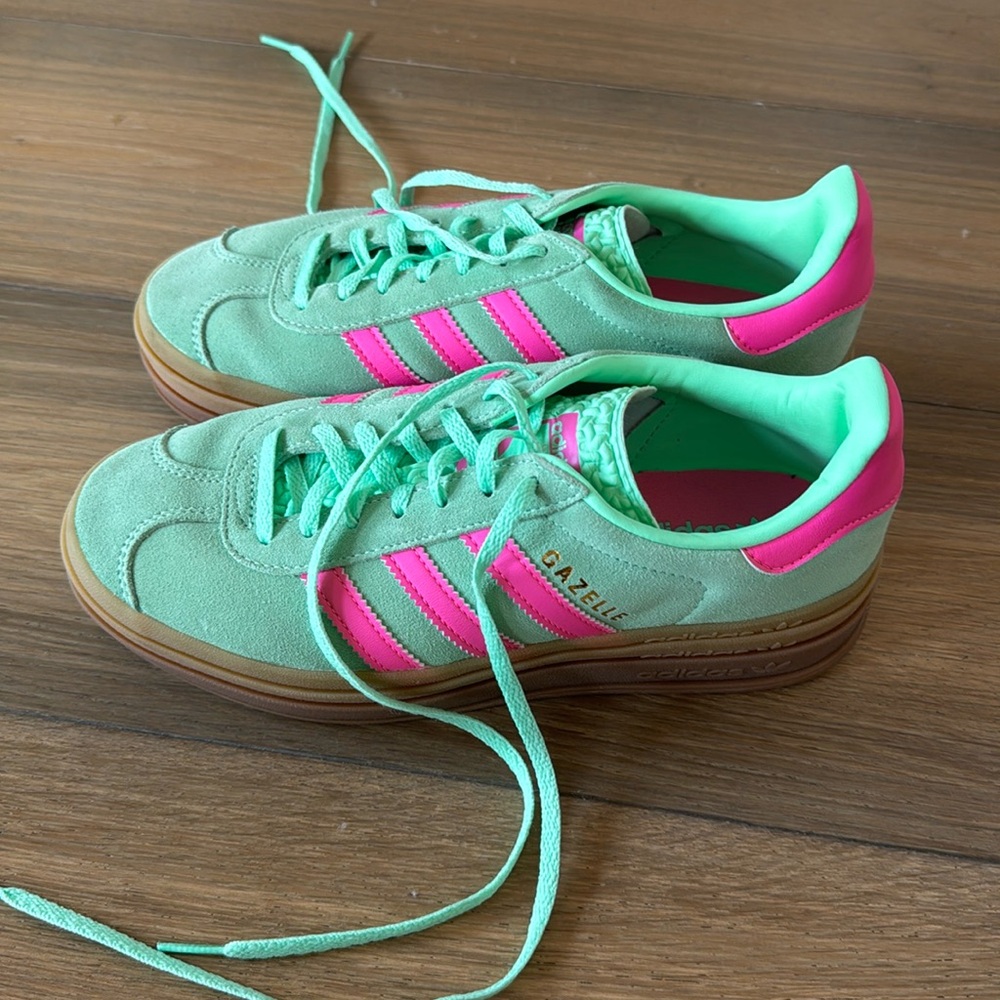 Mint and bright pink Adidas platform Gazelle’s